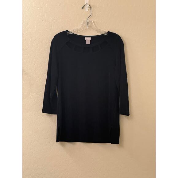 Chico's Black Lattice Scoop Neck 3/4 Sleeve Travelers Stretch Top Size 4/6 - Picture 4 of 11